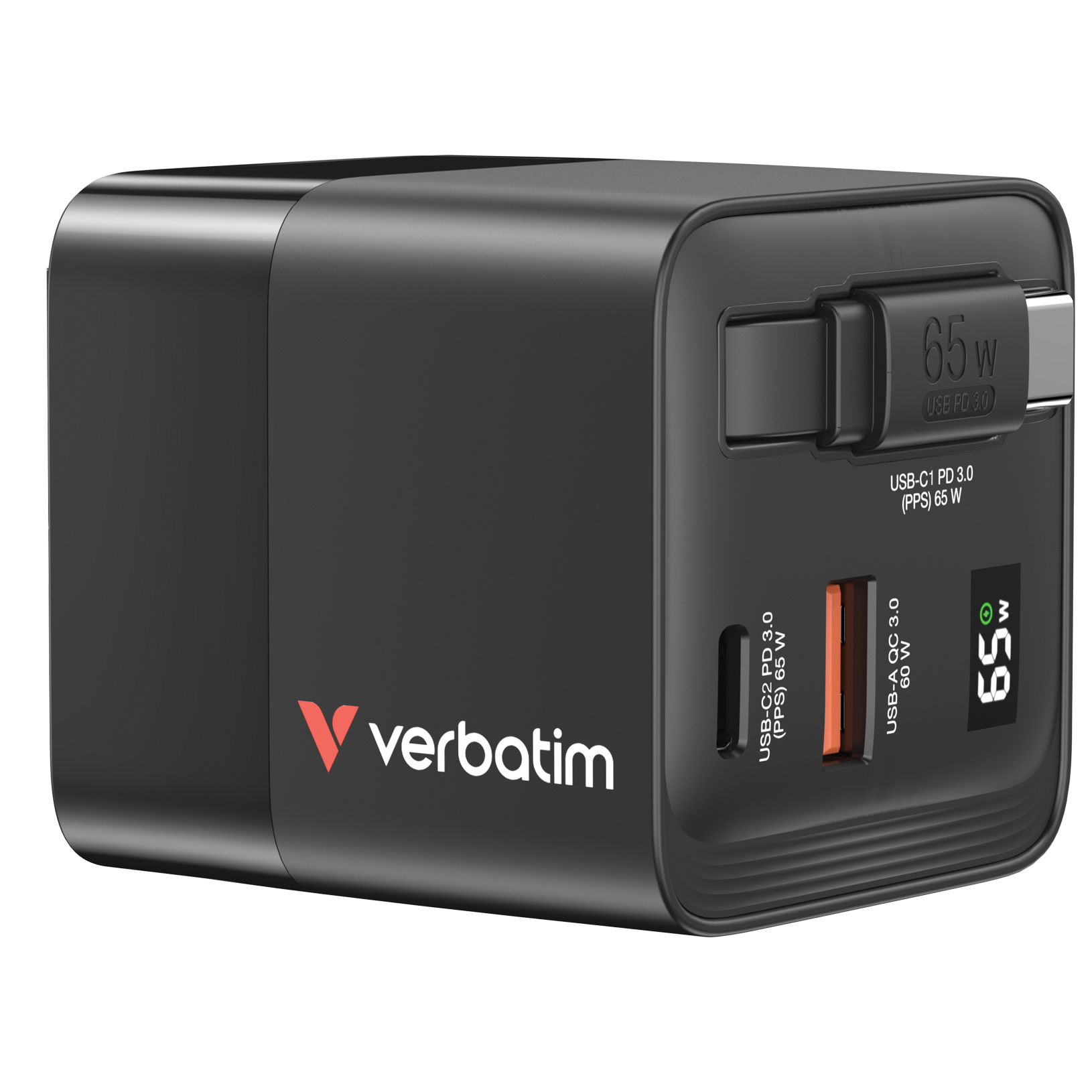 Verbatim GaN Charger 65W Universal Negro Corriente alterna Carga rápida Interior