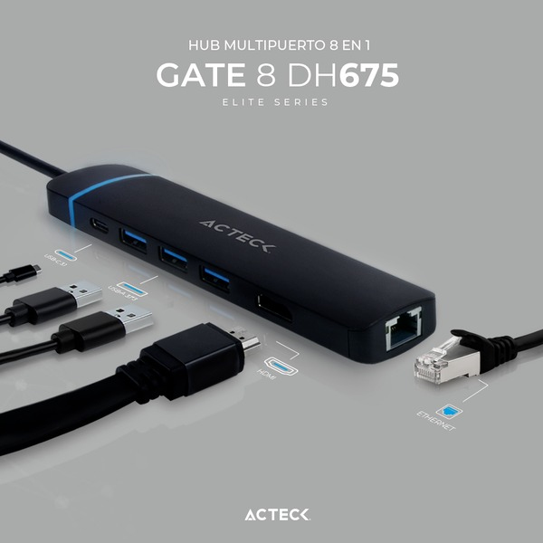 Acteck Gate 8 DH675 Alámbrico USB 3.2 Gen 1 (3.1 Gen 1) Type-C Negro