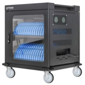 Manhattan Carrito de carga con 32 contactos de corriente alterna 32 Tomas de corriente NEMA 5-15R integradas en la parte posterior, protección contra sobrecarga, amplias ranuras para dispositivos de hasta 15.6", gabinete con cerradura, negro
