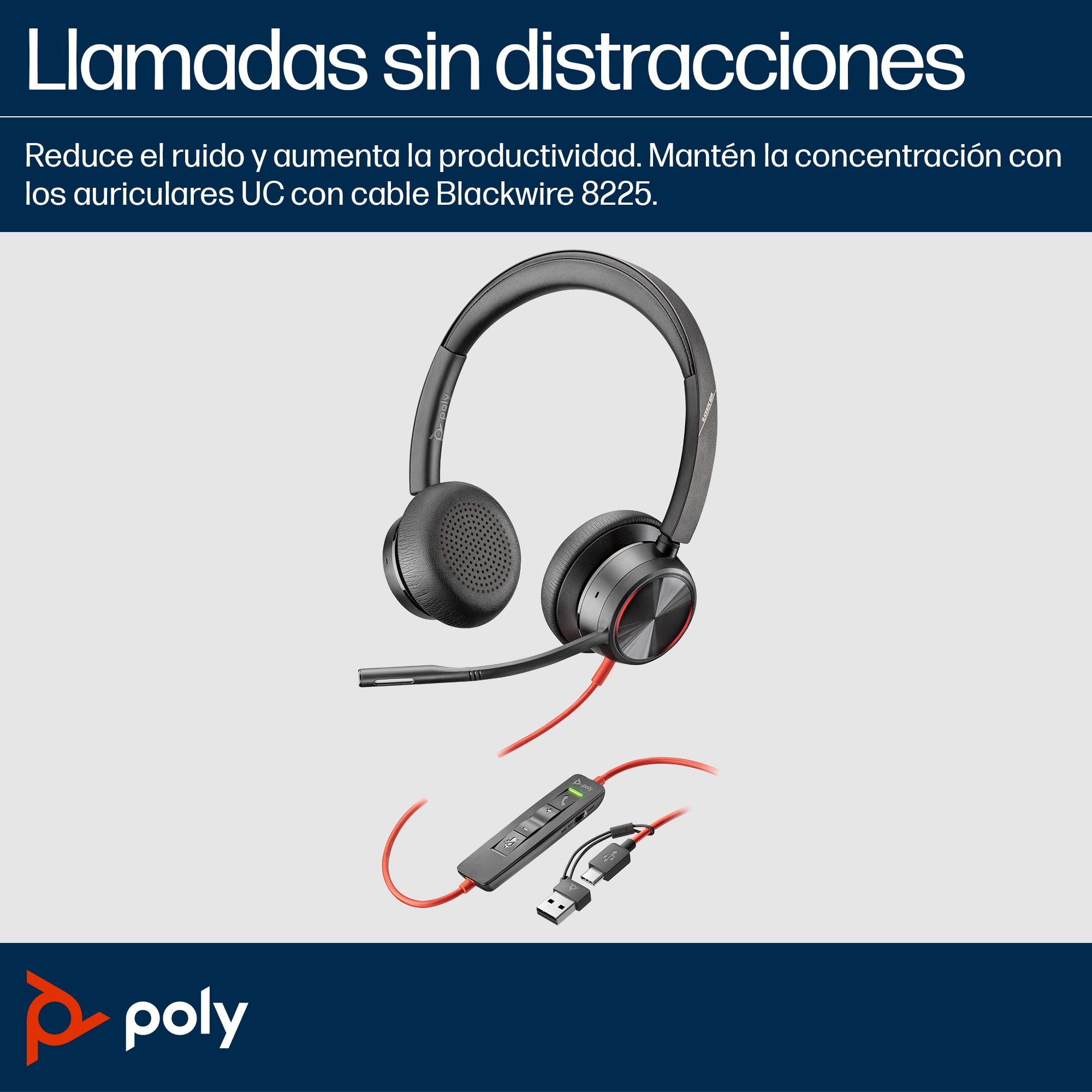 Poly Auriculares estéreo Blackwire 8225 USB-C + Adaptador USB-C/A