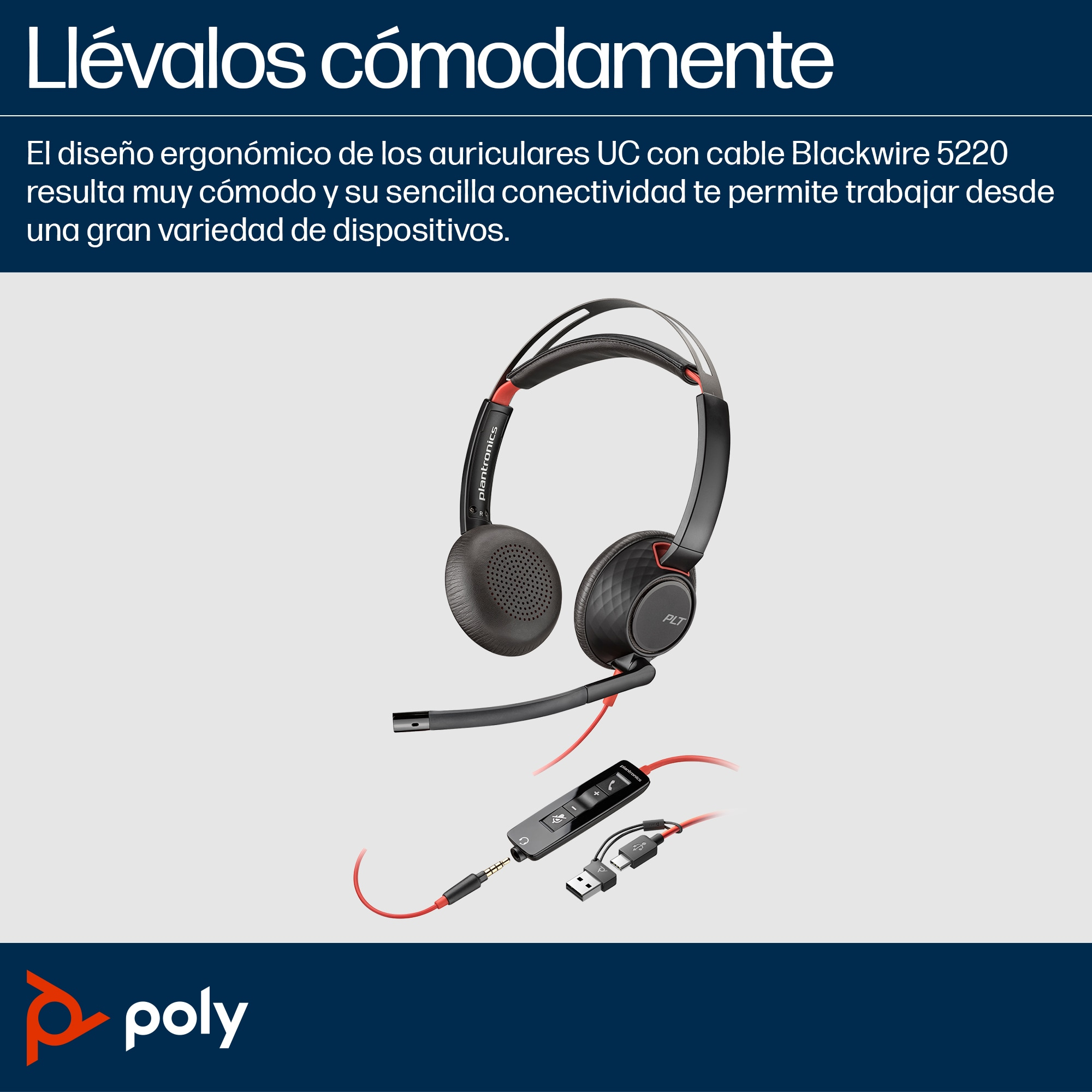 POLY Auriculares estéreo Blackwire 5220 + conector de 3,5 mm + adaptador USB-C/A