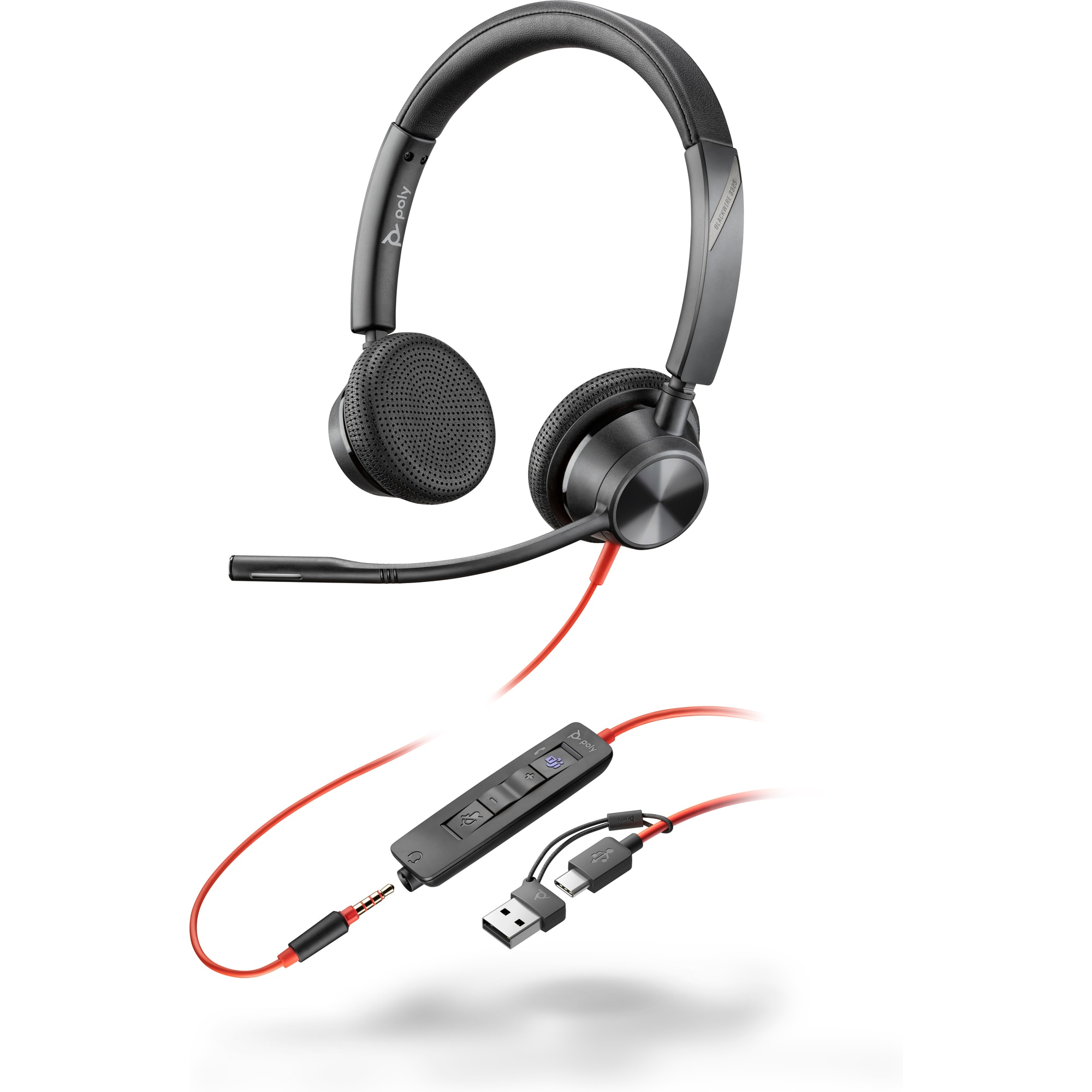 Poly Auriculares estéreo Blackwire 3325 con certificación Microsoft Teams USB-C + Conector de 3,5 mm + Adaptador USB-C/A