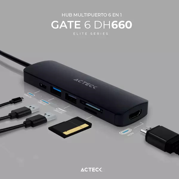 Acteck Gate 6 DH660 Alámbrico USB 3.2 Gen 1 (3.1 Gen 1) Type-C Negro